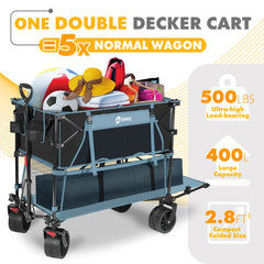 400L Large Capacity Folding Double Decker Wagon with Brakes, 48" Extra Long Extender Cart, 500lbs Heavy Duty Collapsible Wagons, All-Terrain Big Wheels for Camping, Sports, Shopping. Blue