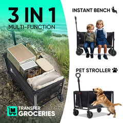 Sekey 330lbs Collapsible Wagon Cart 3 in 1 Foldable Wagon with Wheels, 2 Cup Holder, Folding Lightweight Utility Cart for Grocery, Camping, Shopping, Garden, Beach, Pet Riding. Balck 1 Year Warranty