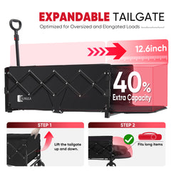 Sekey Collapsible Wagon Cart Foldable with Extended Tailgate 330LBS Extra Long Folding Utility Heavy Duty Lightweight Wagon with Wheel, Brakes, 2 Cup Holders for Grocery, Camp, Shop, Garden. Black