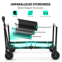 3 in 1 Collapsible Foldable Wagon with Wheels, 330lbs Folding Wagon Cart with 2 Cup Holder, Lightweight Utility Cart for Grocery, Camping, Shopping, Garden, Beach. Balck