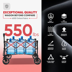 Black folding wagon loaded with water jugs, highlighting a 550 lb capacity and durable 600D Oxford fabric with water, tear, rust and abrasion resistance.