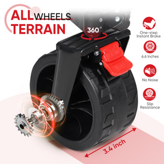 Close-up of a 6.6-inch all-terrain wagon wheel with 360-degree rotation, one-step brake, quiet operation and slip-resistant tread.