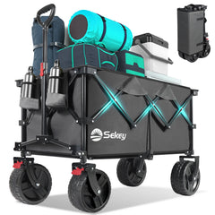 Gray Sekey collapsible wagon loaded with camping gear, showing cup holders, large all-terrain wheels, and compact folded form inset.