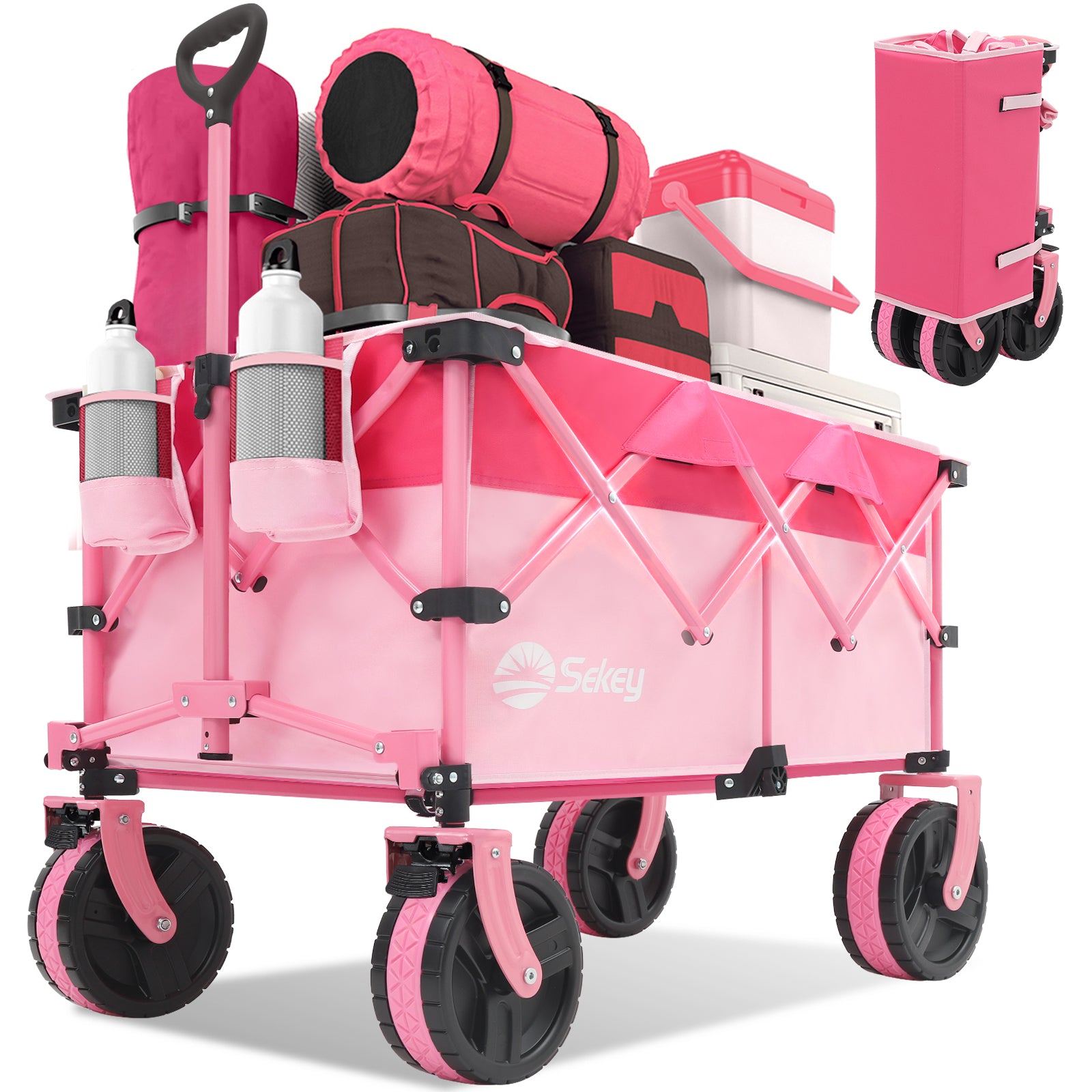 Sekey 220L Collapsible Foldable Wagon with 330lbs Weight Capacity, Heavy Duty Folding Utility Garden Cart with Big All-Terrain Beach Wheels & Drink Holders.