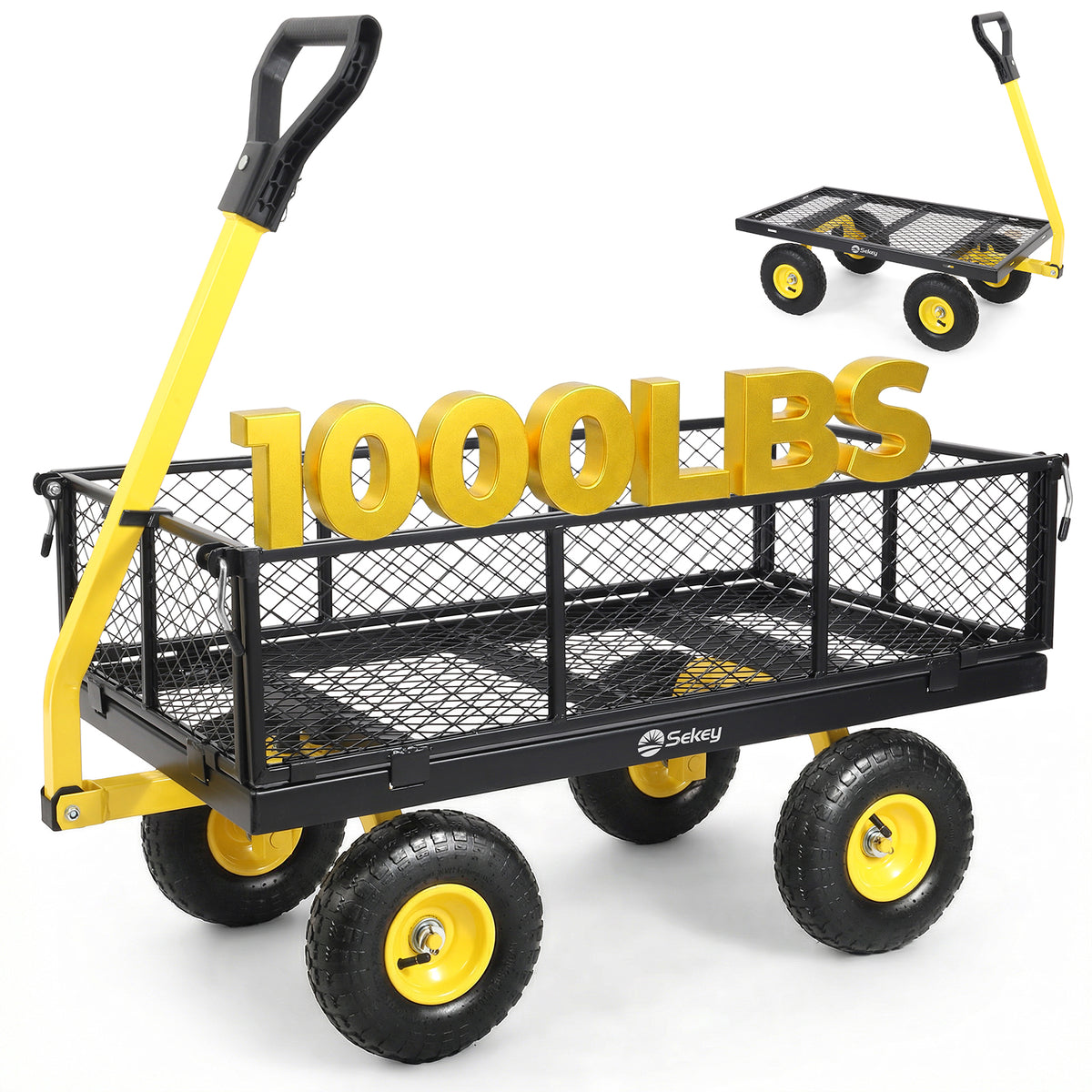 Sekey Heavy Duty Steel Garden Cart for Yard & Farm, Utility Wagon with Removable Sides (Convert to Flatbed), 10" Flat-Free Tires, 1000lbs lbs Load,Black