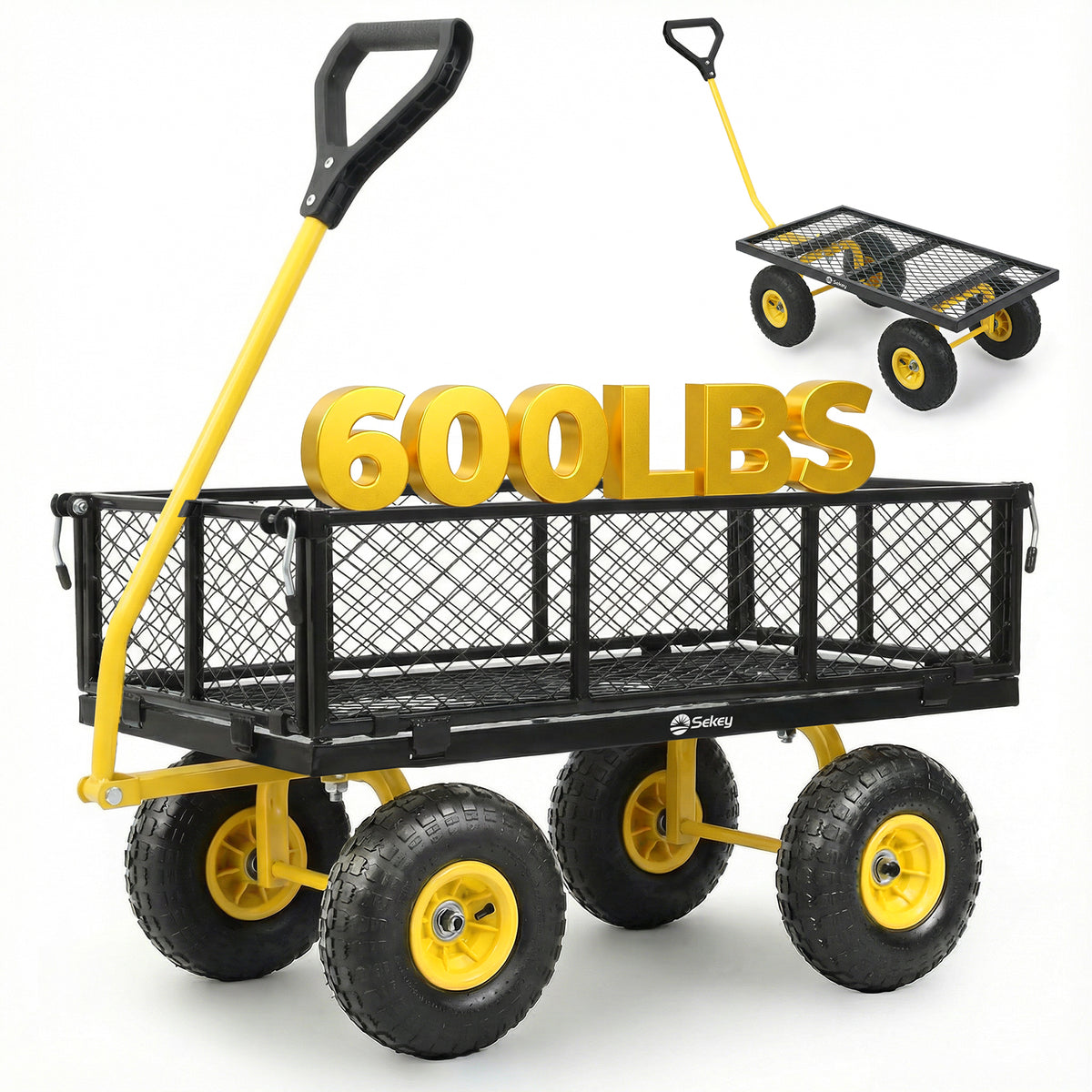 Sekey Steel Mesh Garden Cart for Patio & Backyard, 600 lbs Capacity Utility Wagon with Removable Sides (Convertible Flatbed), 10" Flat-Free Tires, Black