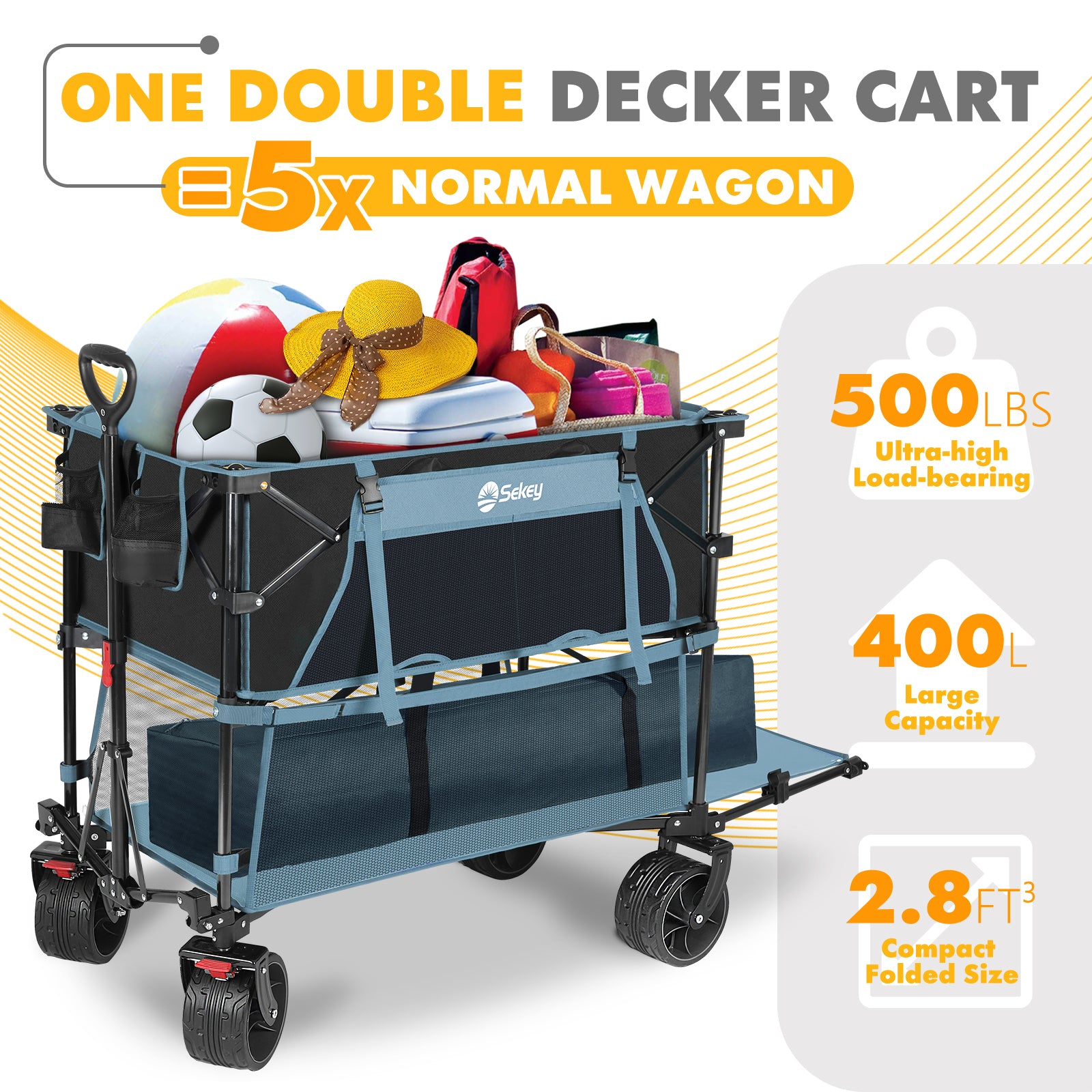 400L Large Capacity Folding Double Decker Wagon with Brakes, 48" Extra Long Extender Cart, 500lbs Heavy Duty Collapsible Wagons, All-Terrain Big Wheels for Camping, Sports, Shopping. Blue