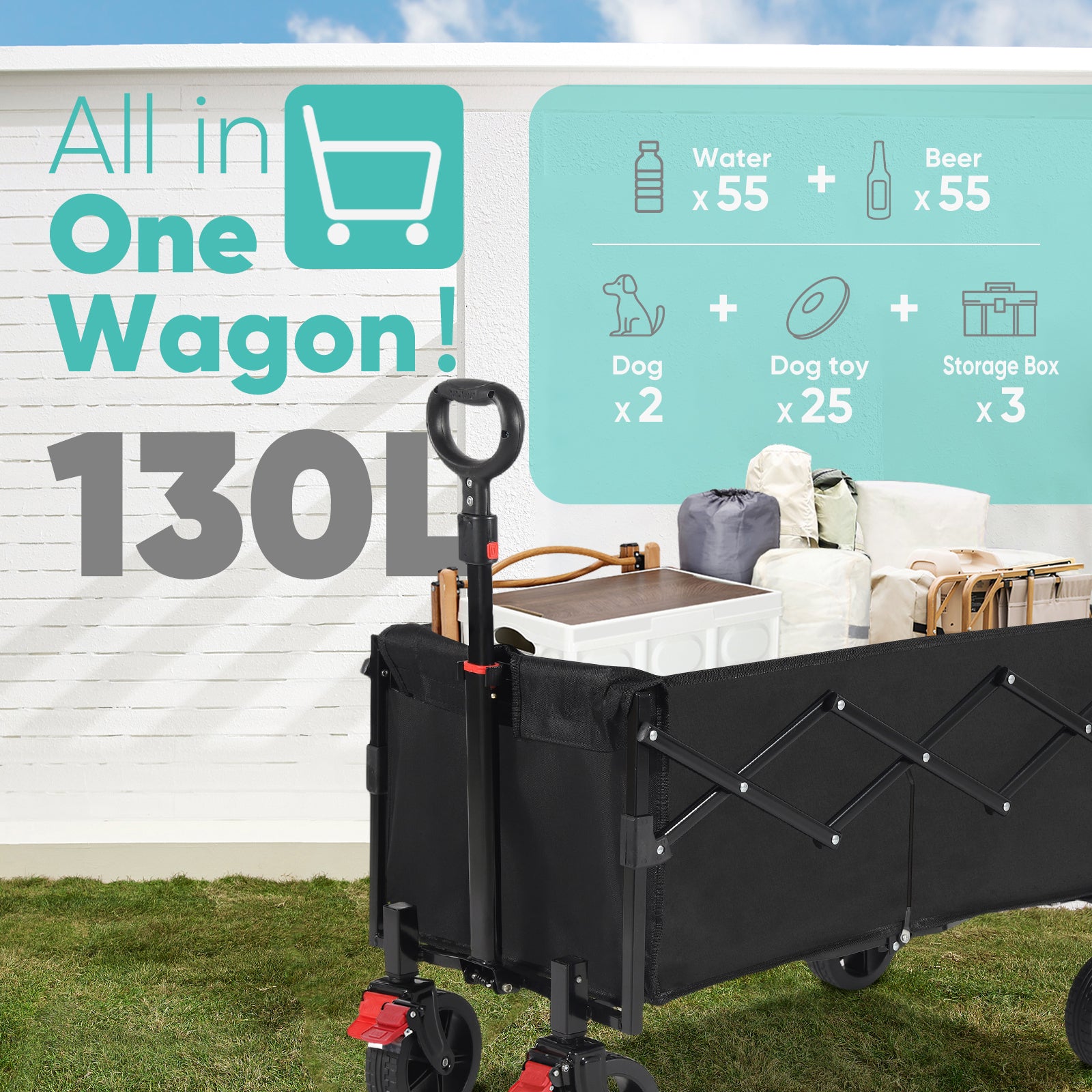 Sekey 220LBS Collapsible Wagon Heavy Duty 130L Large Capacity, Foldable Wagon Cart with All-Terrain Wheels, Lightweight Folding Wagon for Grocery, Shopping.