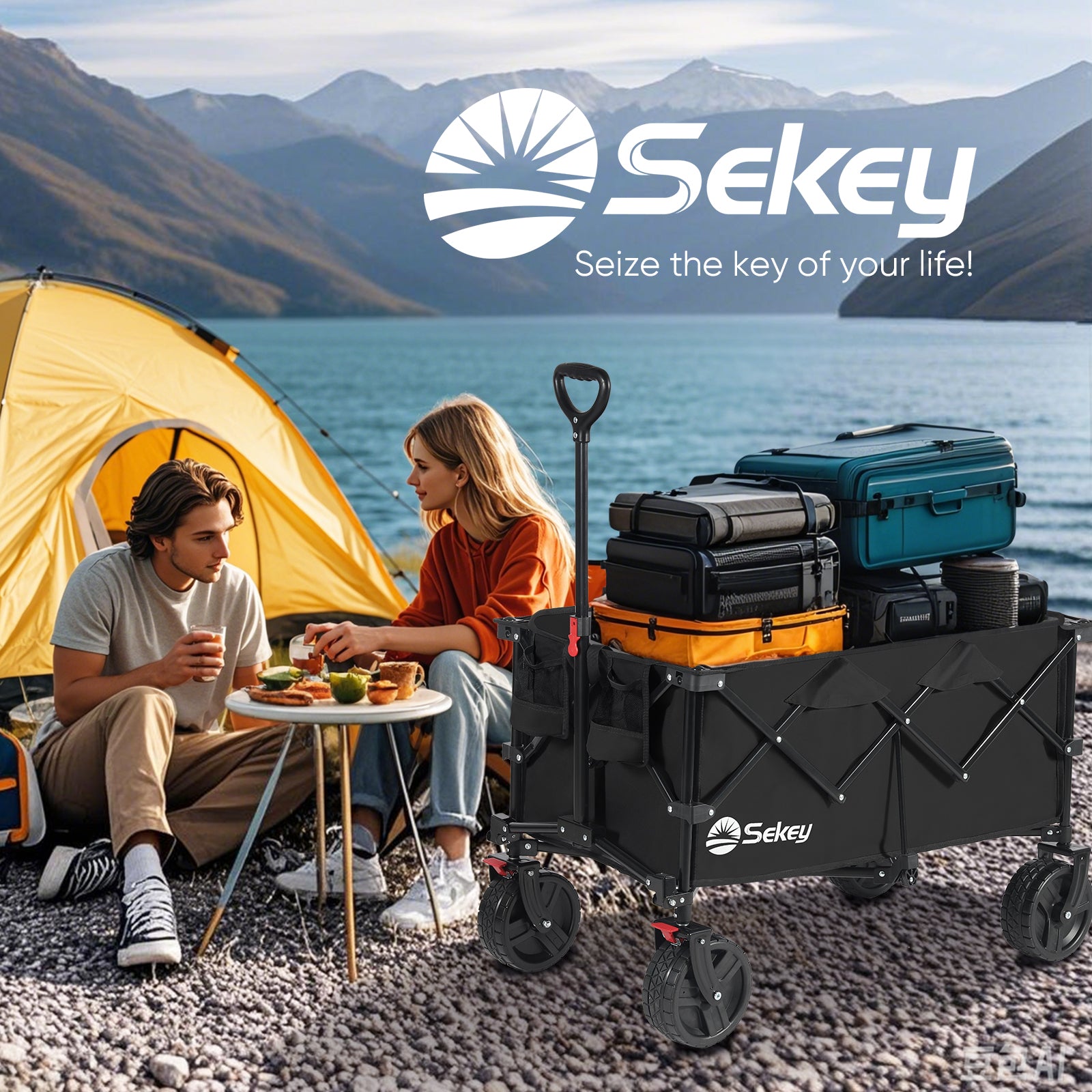 Sekey 220L Collapsible Foldable Wagon with 330lbs Weight Capacity, Heavy Duty Folding Utility Garden Cart with Big All-Terrain Beach Wheels & Drink Holders.