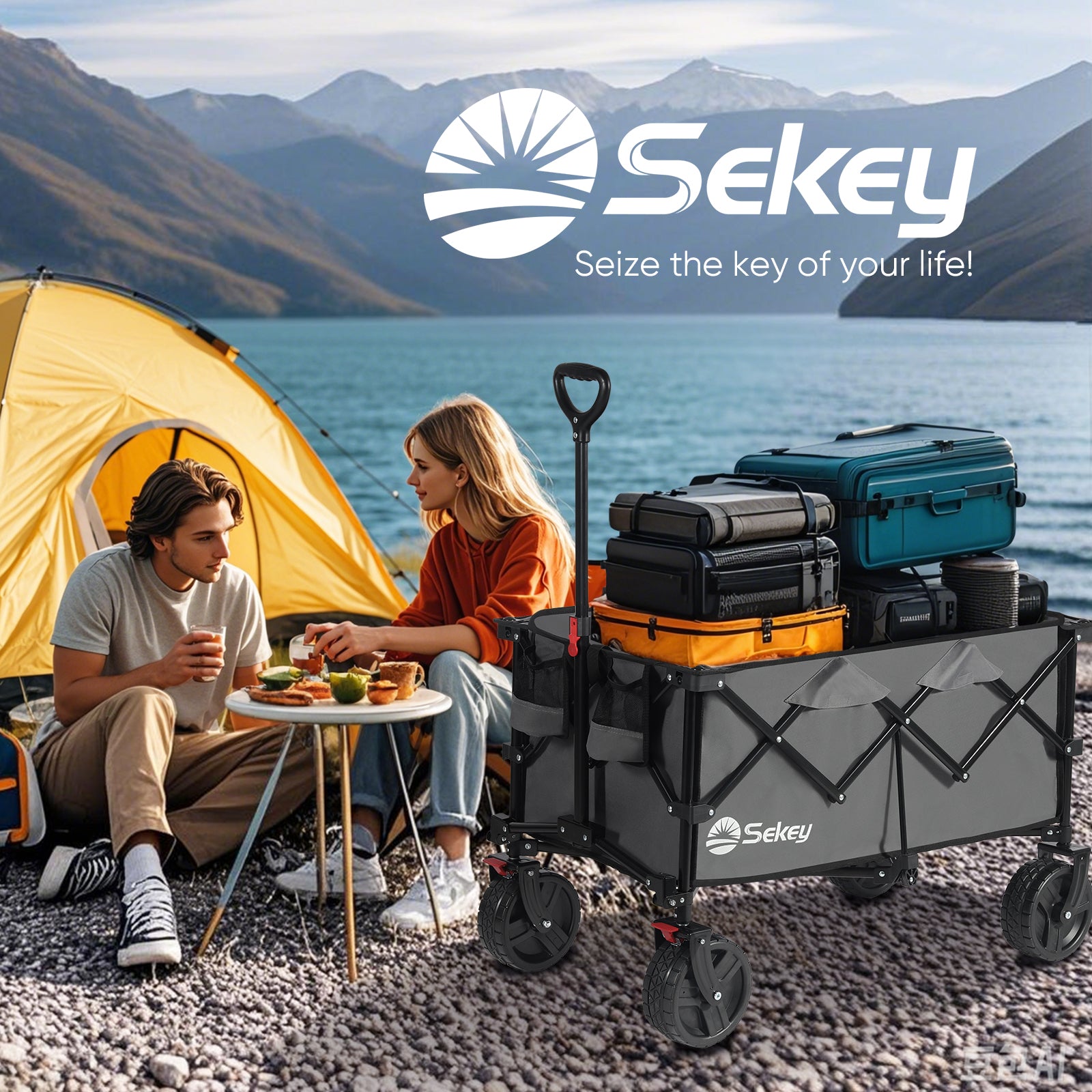 Sekey 220L Collapsible Foldable Wagon with 330lbs Weight Capacity, Heavy Duty Folding Utility Garden Cart with Big All-Terrain Beach Wheels & Drink Holders.