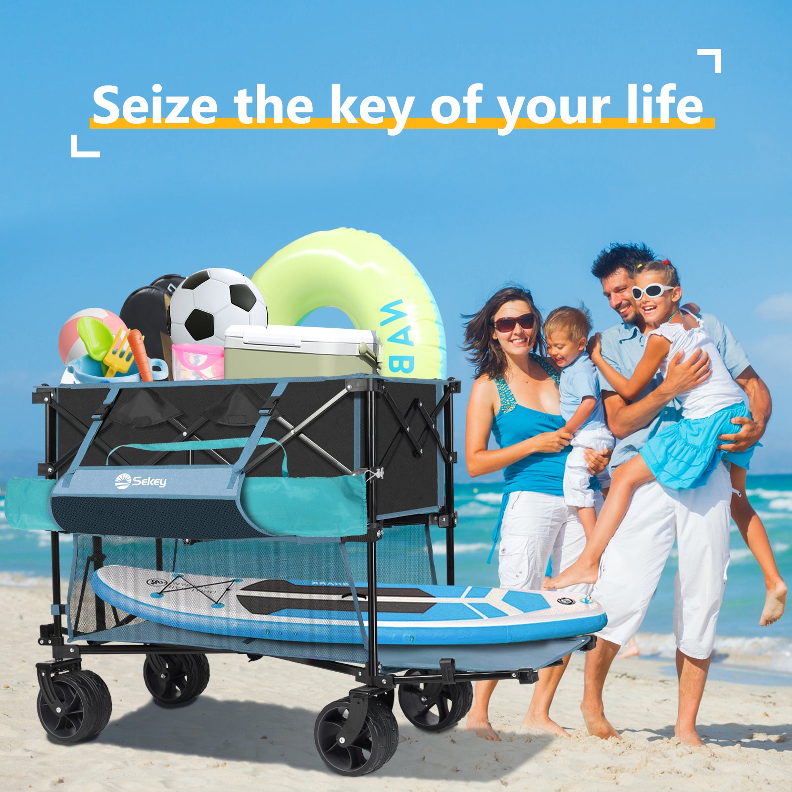 400L Large Capacity Folding Double Decker Wagon with Brakes, 48" Extra Long Extender Cart, 500lbs Heavy Duty Collapsible Wagons, All-Terrain Big Wheels for Camping, Sports, Shopping. Blue