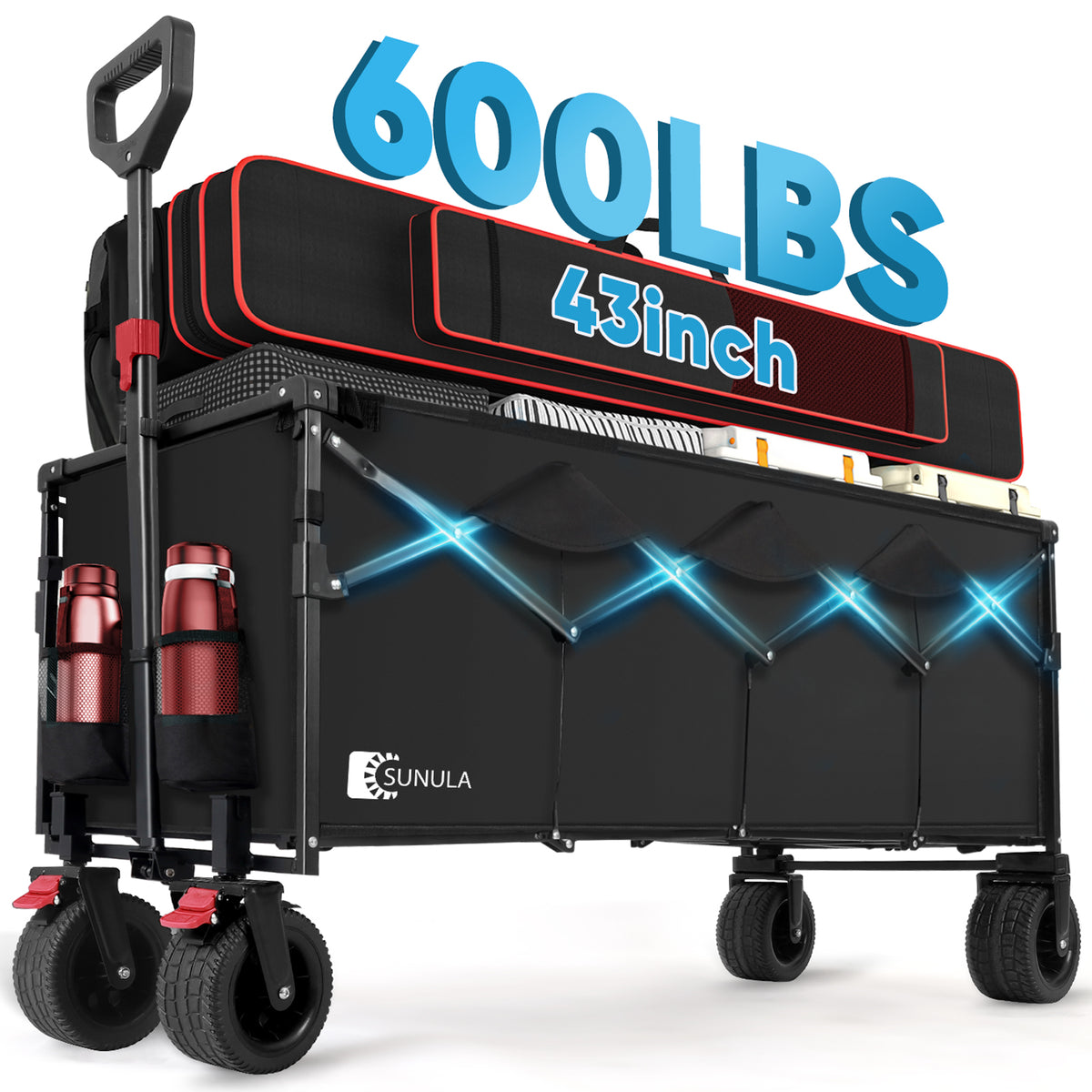 Sekey 600LBS Collapsible Wagon Cart, 400L Large Capacity 43" Extended Foldable Wagon Heavy Duty Beach Folding Utility Garden Cart with Big All-Terrain Wheels & Drink Holders for Camping Sports