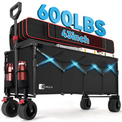 Sekey 600LBS Collapsible Wagon Cart, 400L Large Capacity 43" Extended Foldable Wagon Heavy Duty Beach Folding Utility Garden Cart with Big All-Terrain Wheels & Drink Holders for Camping Sports