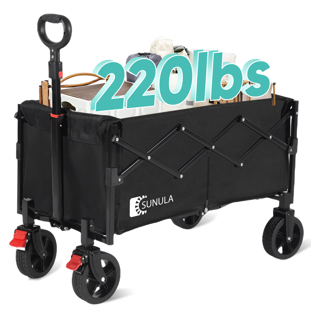 220lbs Collapsible Wagon Folding Cart 130L Large Capacity Foldable Lightweight Heavy Duty Utility Beach Wagon with Big Wheels for Camping, Garden, Shopping, Grocery, Outdoor