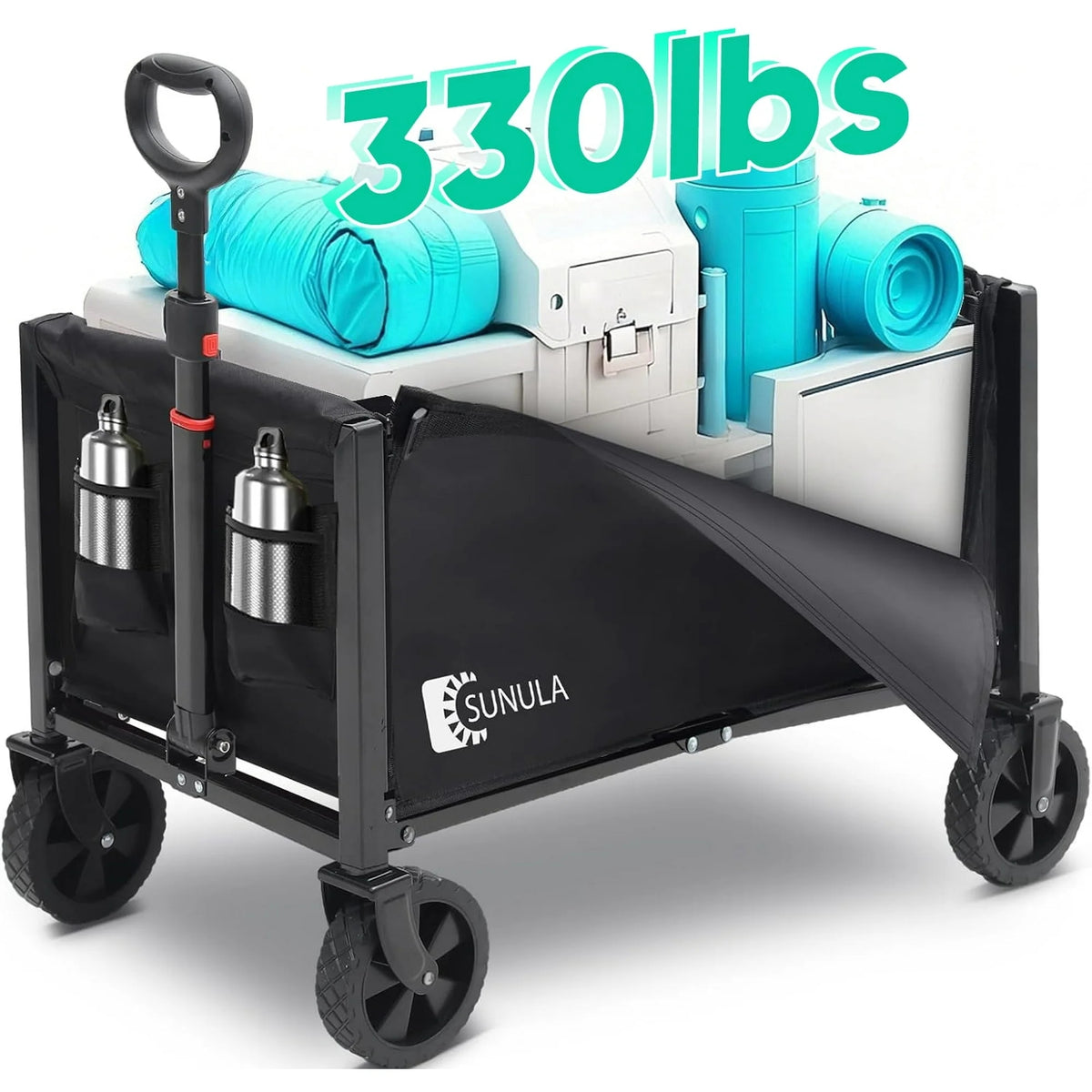 3 in 1 Collapsible Foldable Wagon with Wheels, 330lbs Folding Wagon Cart with 2 Cup Holder, Lightweight Utility Cart for Grocery, Camping, Shopping, Garden, Beach. Balck