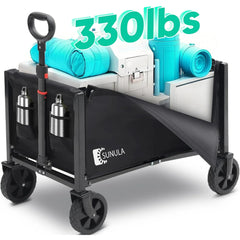 3 in 1 Collapsible Foldable Wagon with Wheels, 330lbs Folding Wagon Cart with 2 Cup Holder, Lightweight Utility Cart for Grocery, Camping, Shopping, Garden, Beach. Balck