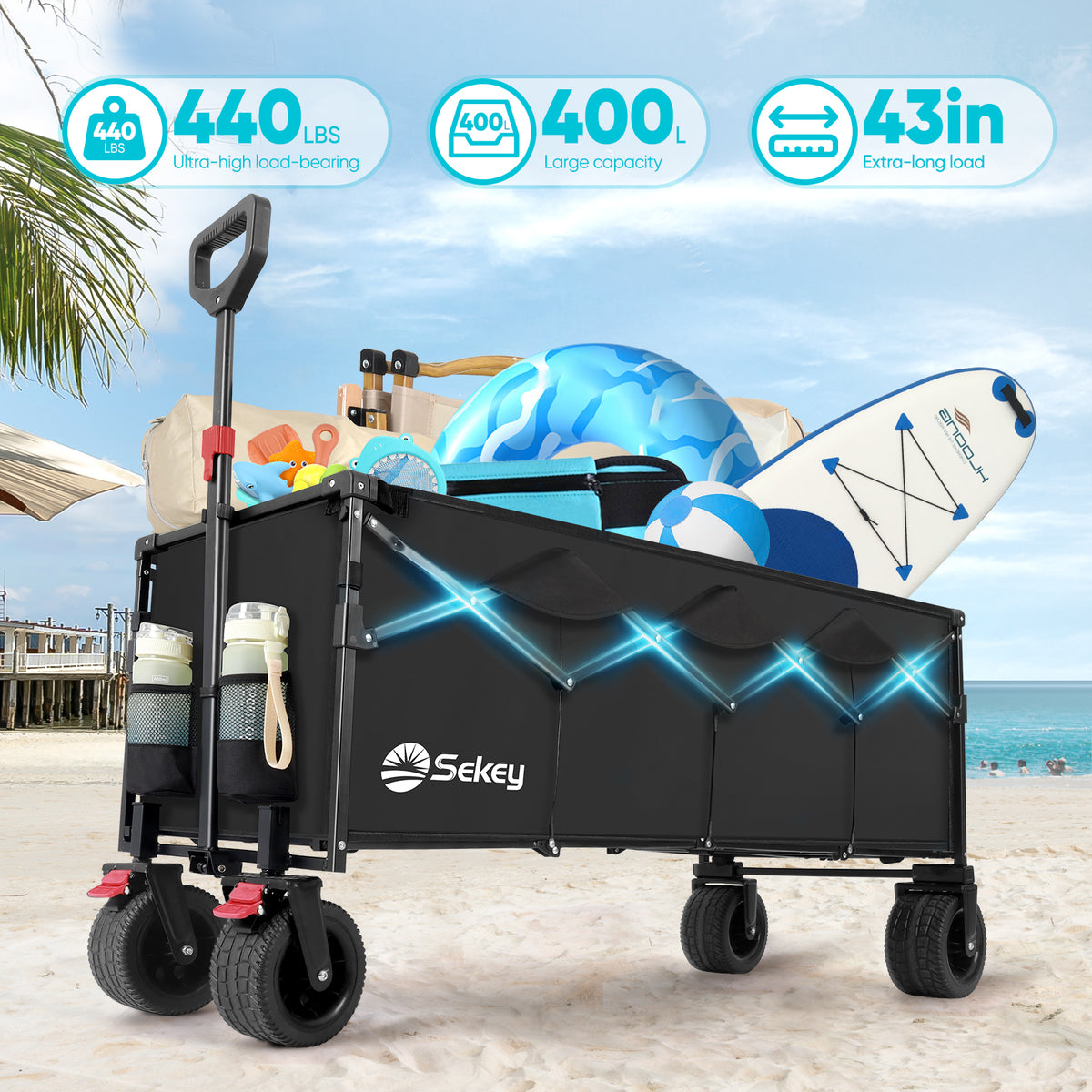 Beach Collapsible Wagon 43"L Extended 400L Foldable Wagon Cart with All-Terrain Wheels, Folding Large Capacity Heavy Duty Utility Grocery Cart for Garden, Camping, Sport, Outdoor