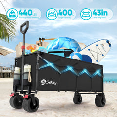 Beach Collapsible Wagon 43"L Extended 400L Foldable Wagon Cart with All-Terrain Wheels, Folding Large Capacity Heavy Duty Utility Grocery Cart for Garden, Camping, Sport, Outdoor
