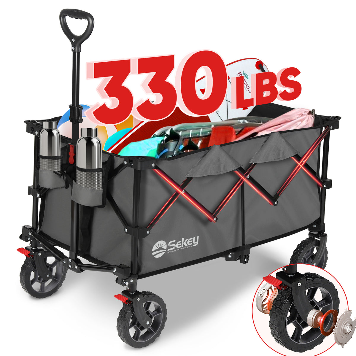 Sekey 330LBS Foldable Wagon with 220L Large Capacity, Heavy Duty Collapsible Wagon Cart