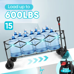 Sekey 600LBS Collapsible Wagon Cart, 400L Large Capacity 43" Extended Foldable Wagon Heavy Duty Beach Folding Utility Garden Cart with Big All-Terrain Wheels & Drink Holders for Camping Sports