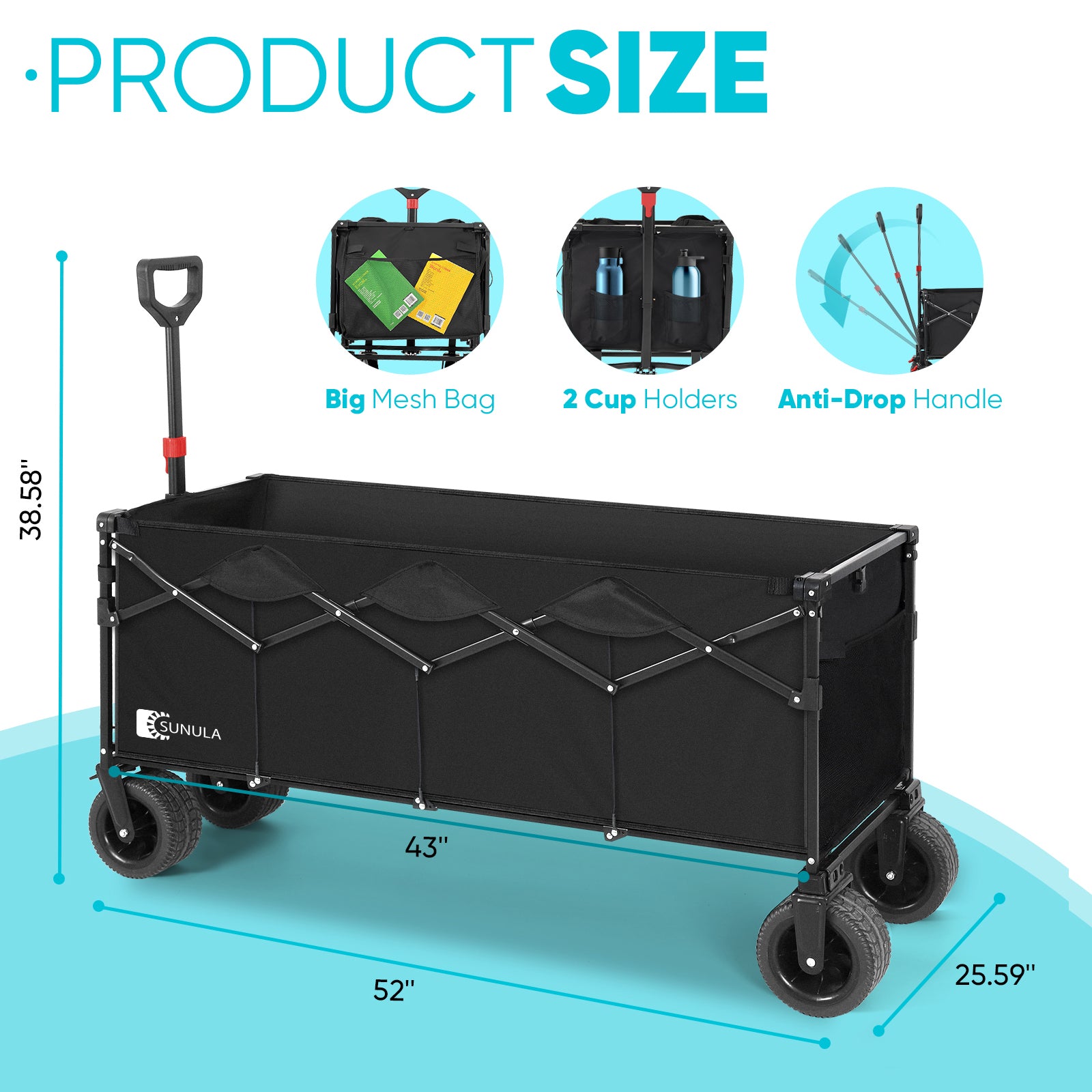 Sekey 600LBS Collapsible Wagon Cart, 400L Large Capacity 43" Extended Foldable Wagon Heavy Duty Beach Folding Utility Garden Cart with Big All-Terrain Wheels & Drink Holders for Camping Sports