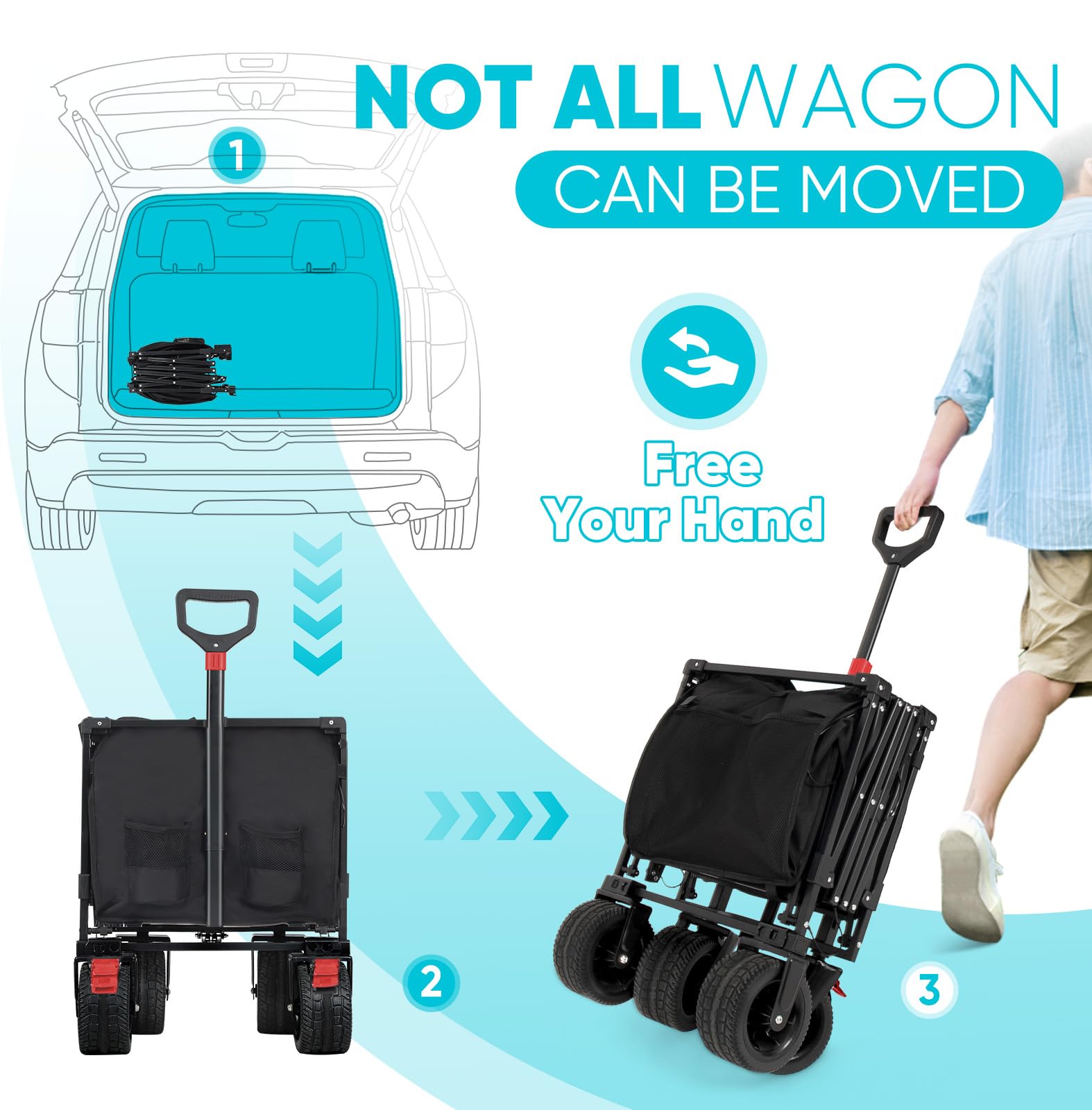Sekey 600LBS Collapsible Wagon Cart, 400L Large Capacity 43" Extended Foldable Wagon Heavy Duty Beach Folding Utility Garden Cart with Big All-Terrain Wheels & Drink Holders for Camping Sports