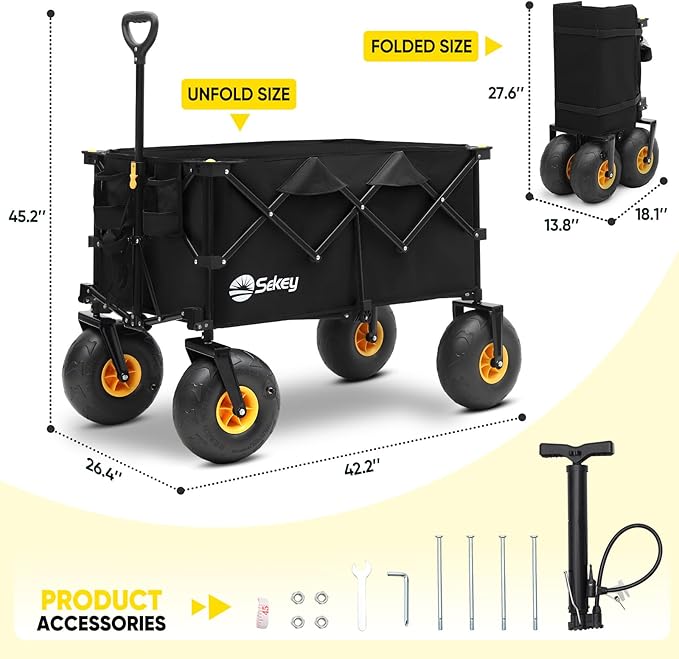 Sekey Heavy Duty Beach Wagon with 9" Sand-Proof Wheels – 440lbs Capacity, 200L Foldable Cart for Sand, Camping & Groceries - 4028