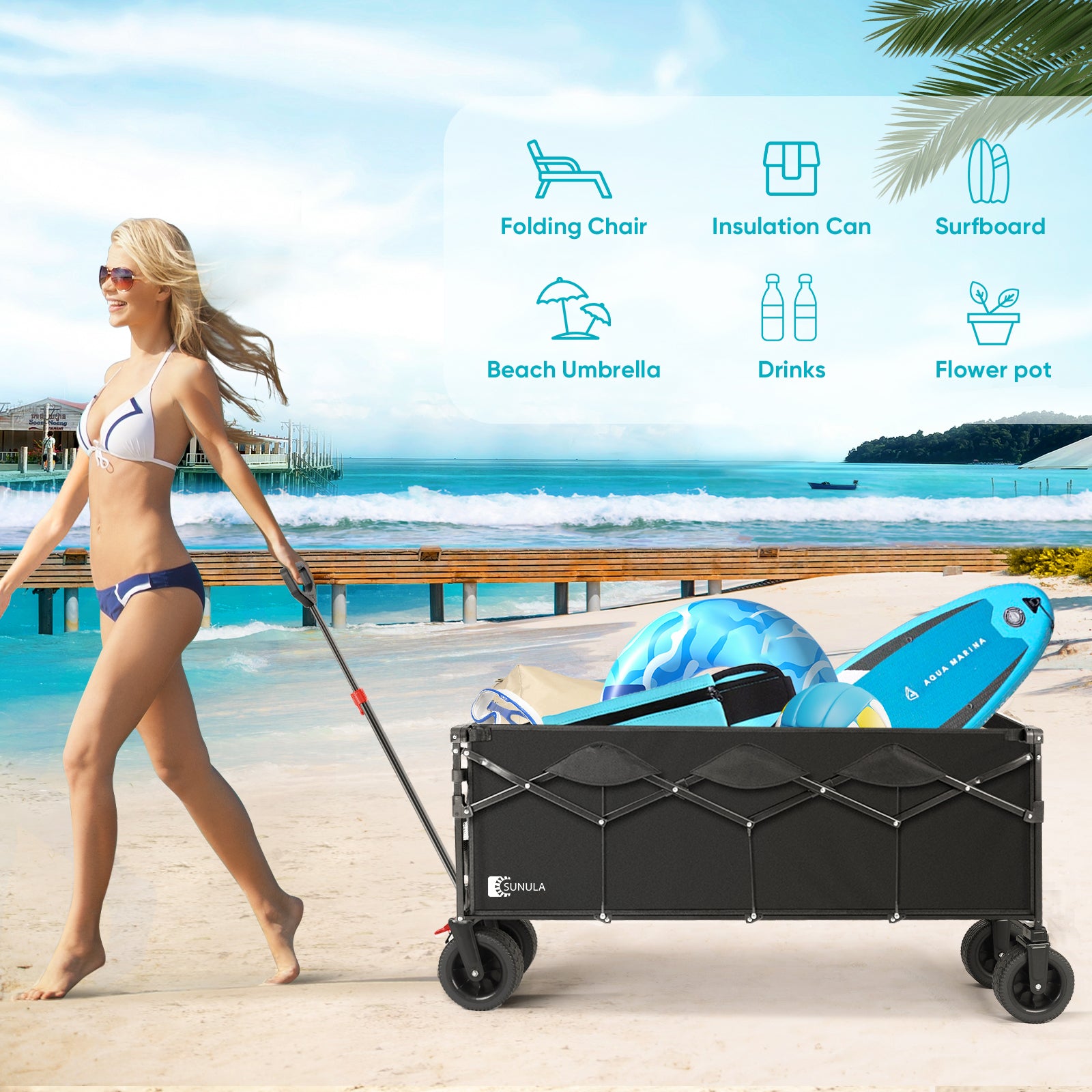 Sekey 600LBS Collapsible Wagon Cart, 400L Large Capacity 43" Extended Foldable Wagon Heavy Duty Beach Folding Utility Garden Cart with Big All-Terrain Wheels & Drink Holders for Camping Sports