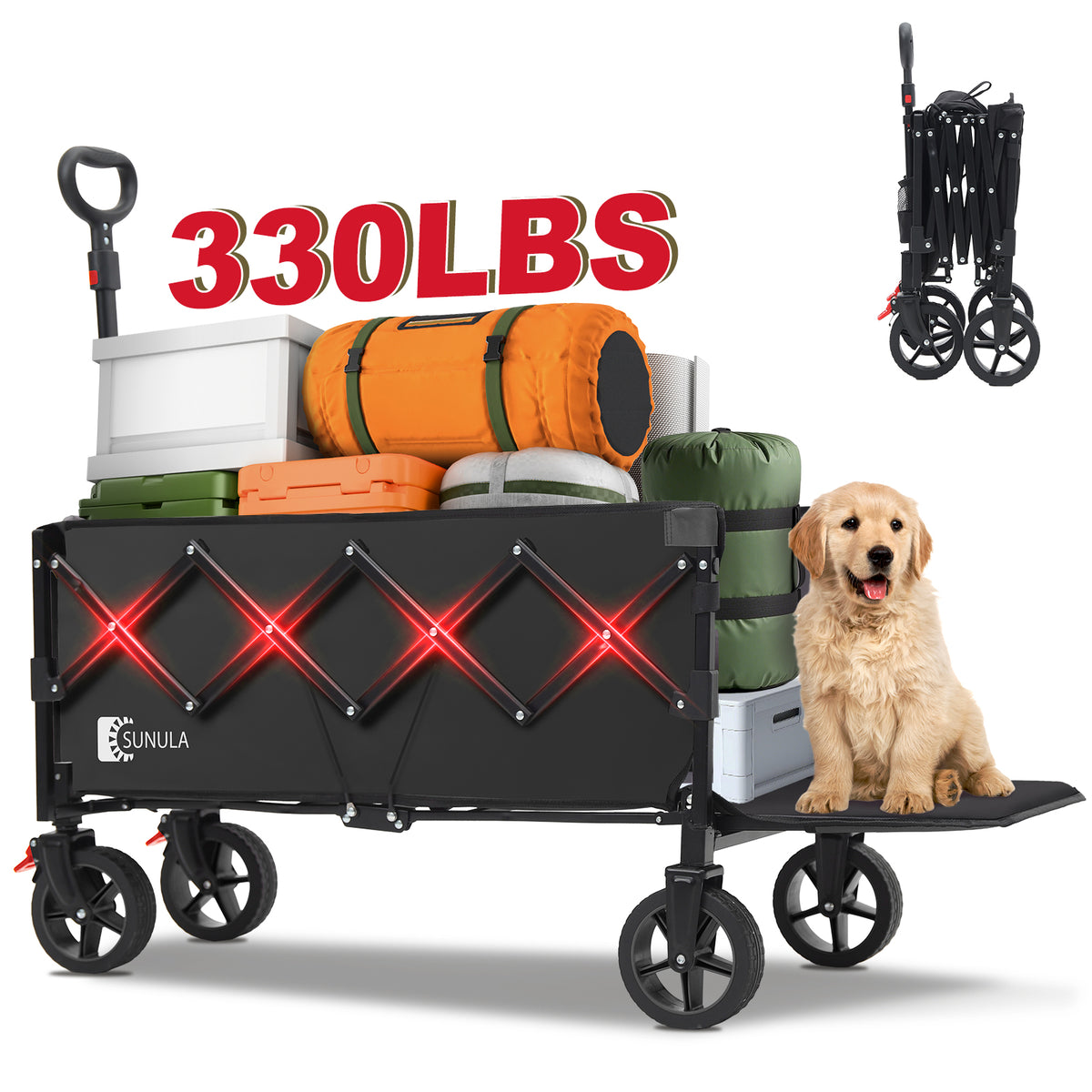Sekey Collapsible Wagon Cart Foldable with Extended Tailgate 330LBS Extra Long Folding Utility Heavy Duty Lightweight Wagon with Wheel, Brakes, 2 Cup Holders for Grocery, Camp, Shop, Garden. Black