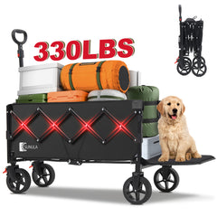 Sekey Collapsible Wagon Cart Foldable with Extended Tailgate 330LBS Extra Long Folding Utility Heavy Duty Lightweight Wagon with Wheel, Brakes, 2 Cup Holders for Grocery, Camp, Shop, Garden. Black