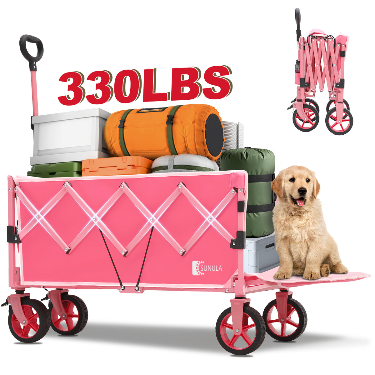 Sekey Collapsible Wagon Cart Foldable with Extended Tailgate 330LBS Extra Long Folding Utility Heavy Duty Lightweight Wagon with Wheel, Brakes, 2 Cup Holders for Grocery, Camp, Shop, Garden. Black