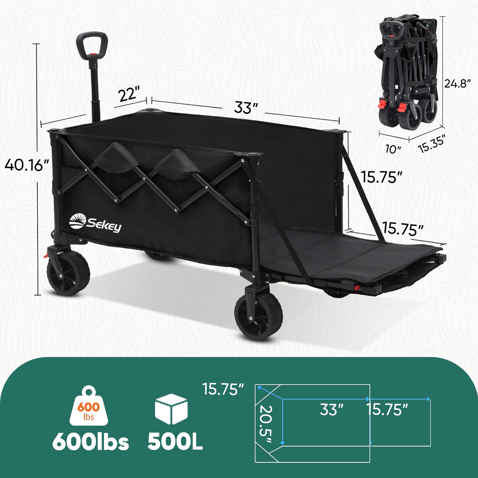 Sekey 600LBS Collapsible Extended Wagon Carts with Tailgate Foldable Folding Large Capacity Heavy Duty Utility Garden Cart with Big All-Terrain Beach Wheels for Shopping Camping