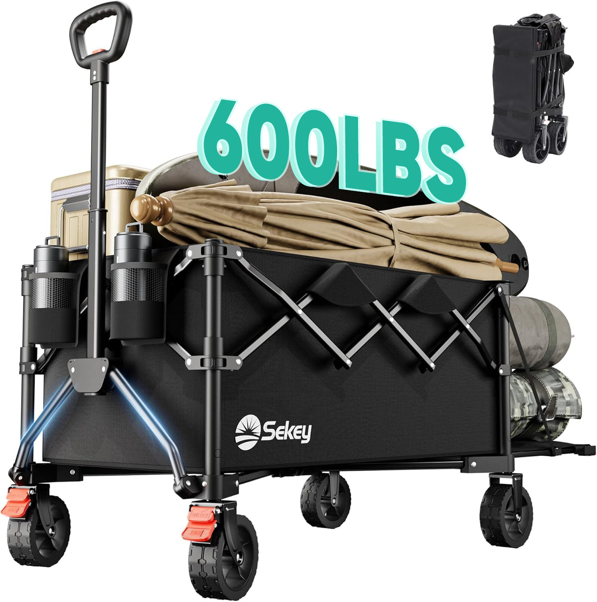 Sekey 600LBS Collapsible Extended Wagon Carts with Tailgate Foldable Folding Large Capacity Heavy Duty Utility Garden Cart with Big All-Terrain Beach Wheels for Shopping Camping