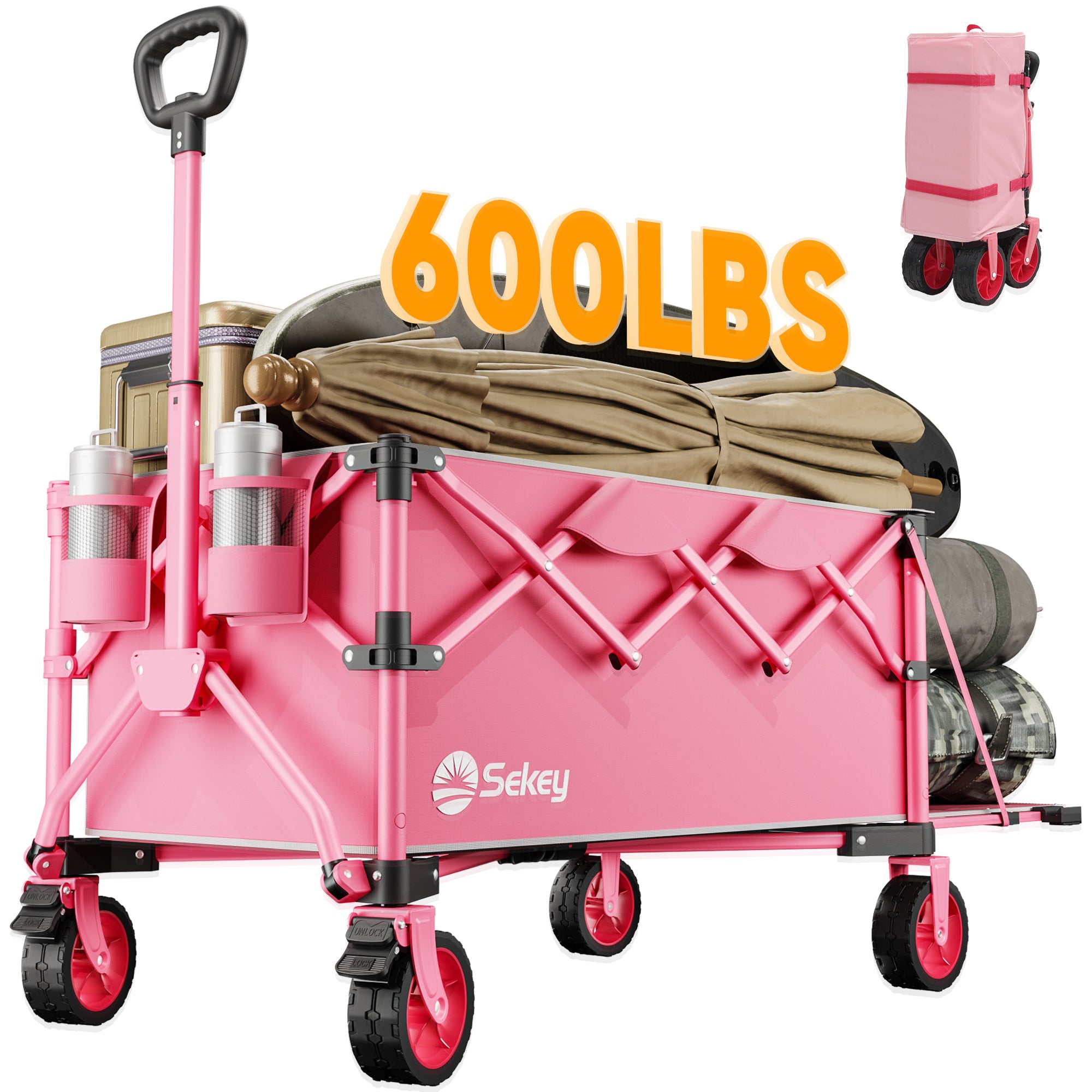 Sekey 600LBS Collapsible Extended Wagon Carts with Tailgate Foldable Folding Large Capacity Heavy Duty Utility Garden Cart with Big All-Terrain Beach Wheels for Shopping Camping