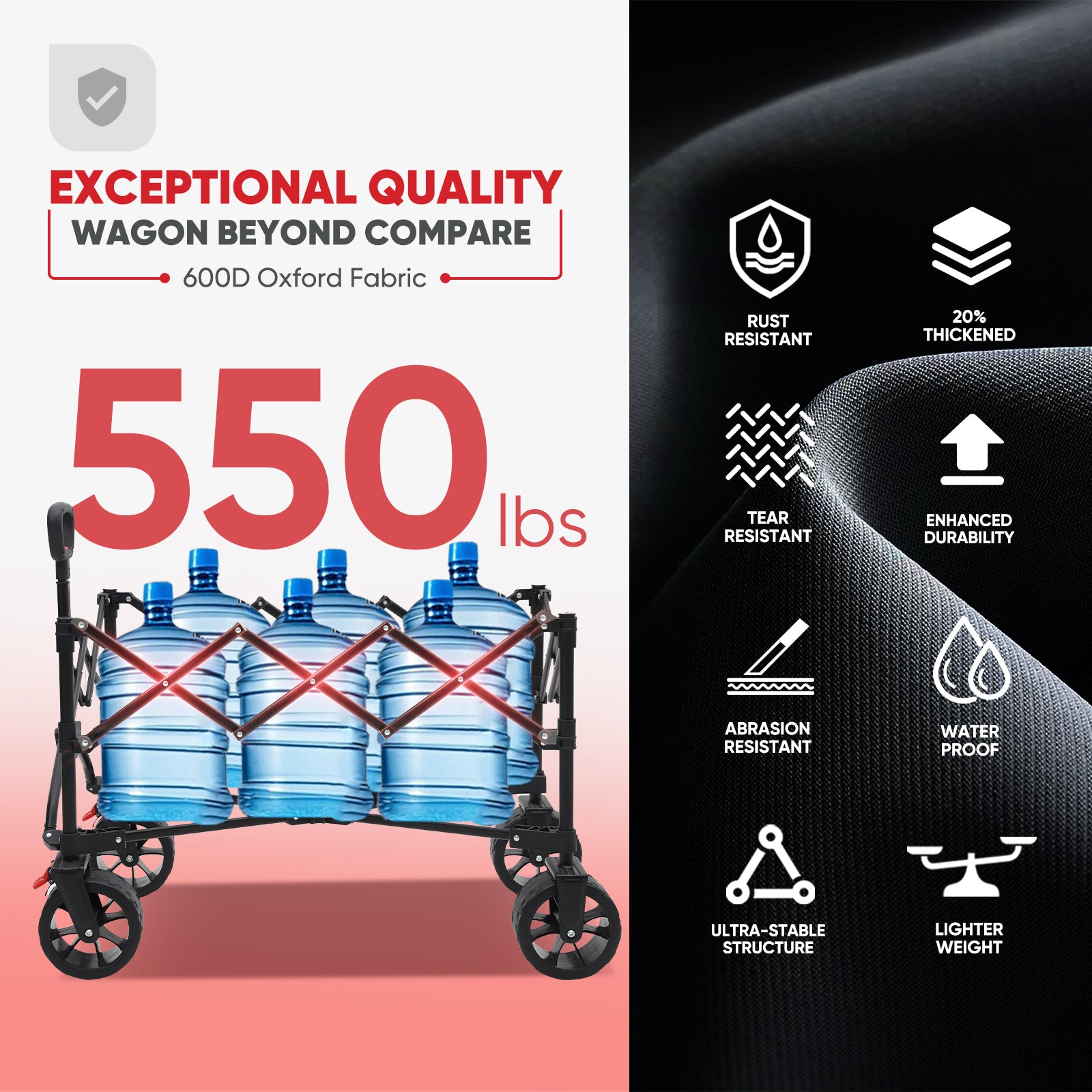 Black folding wagon loaded with water jugs, highlighting a 550 lb capacity and durable 600D Oxford fabric with water, tear, rust and abrasion resistance.