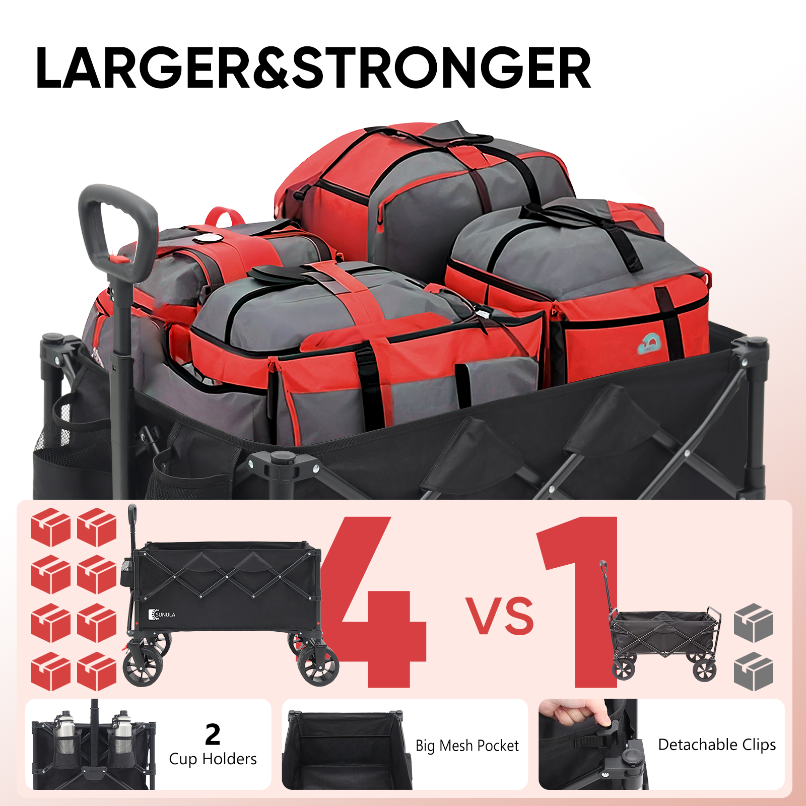 Large black folding wagon filled with travel bags, featuring four times the capacity, two cup holders, a mesh pocket and detachable clips.