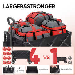 Large black folding wagon filled with travel bags, featuring four times the capacity, two cup holders, a mesh pocket and detachable clips.