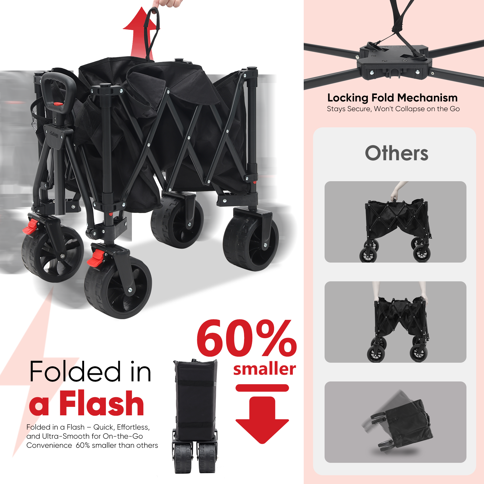 Black folding wagon collapsing with a pull strap, featuring a locking fold mechanism and a compact folded size claimed to be 60% smaller.