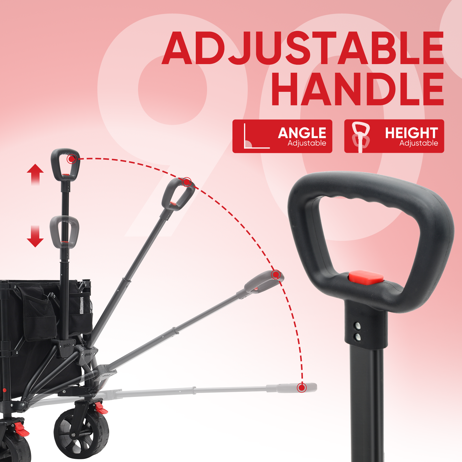 Folding wagon with an ergonomic handle adjustable in height and angle for comfortable pulling from different positions.
