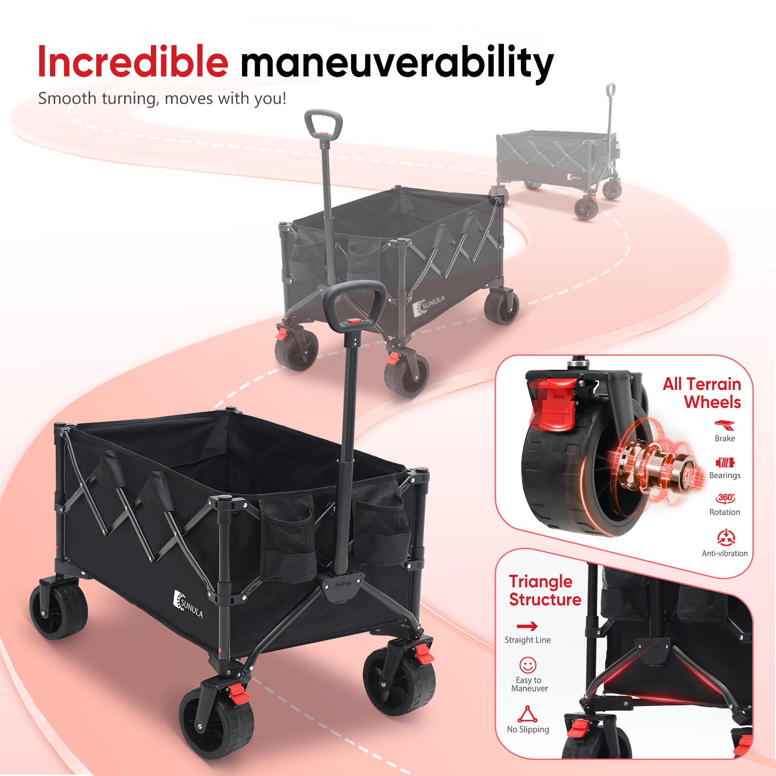 Black folding wagon maneuvering along a curved path, featuring all-terrain wheels with brakes, bearings, 360-degree rotation and a stable triangular front frame.