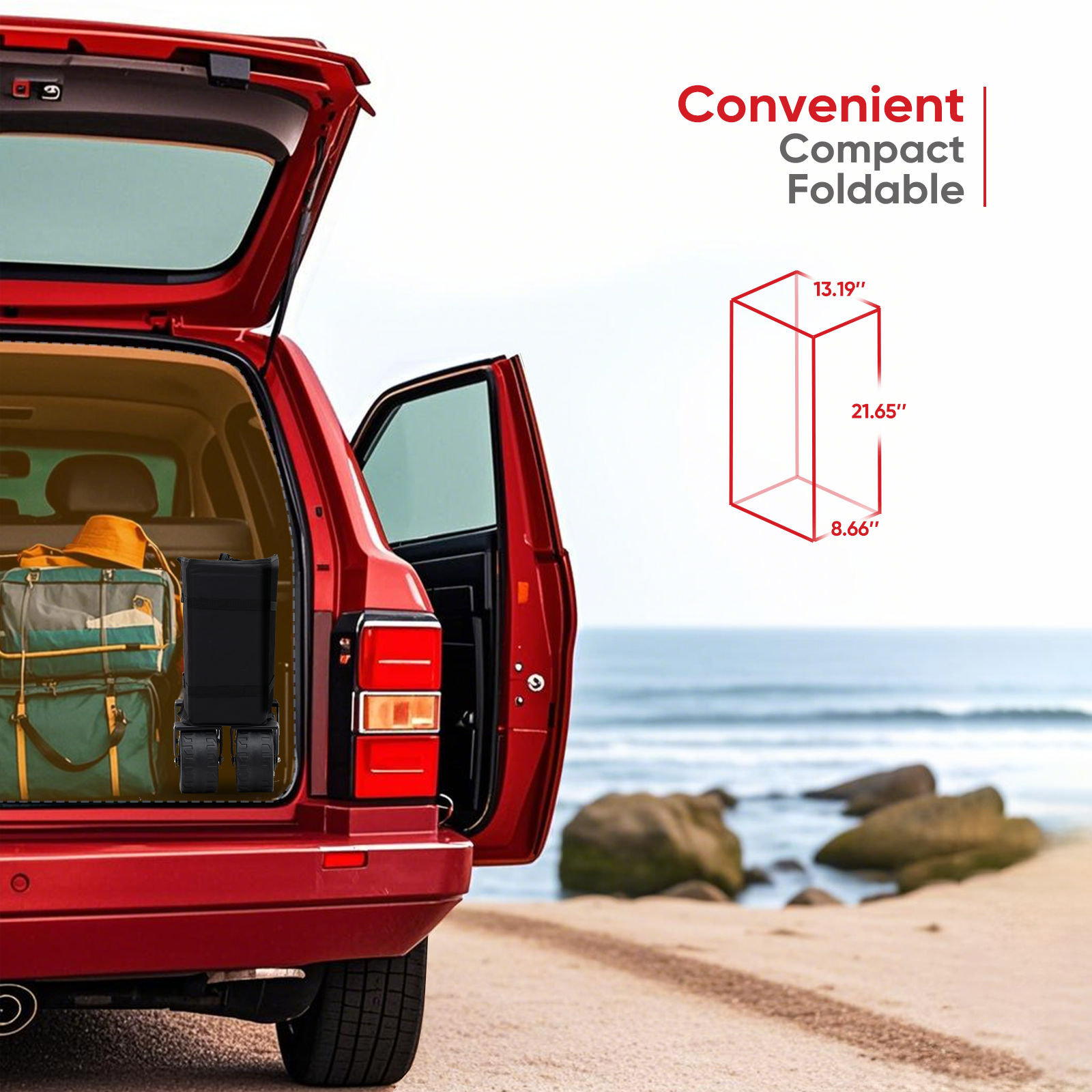 Compact folded black wagon stored in the rear of an SUV, measuring 13.19 by 21.65 by 8.66 inches for easy transport.
