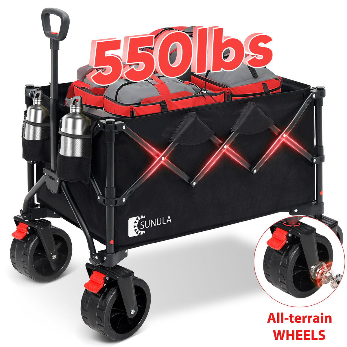 Sekey 550LBS Collapsible Foldable Wagon 300L Weight Capacity Heavy Duty Folding Utility Garden Cart with All-Terrain Wheels & Drink Holders for Beach Shopping Camping Grocery Sport Outdoor