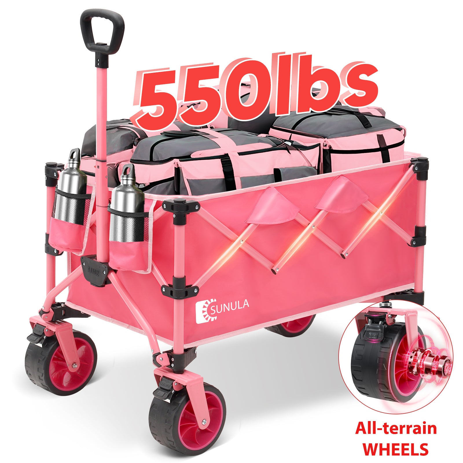 Pink SUNULA folding wagon loaded with travel bags, featuring a 550 lb weight capacity, two bottle holders and wide all-terrain wheels.