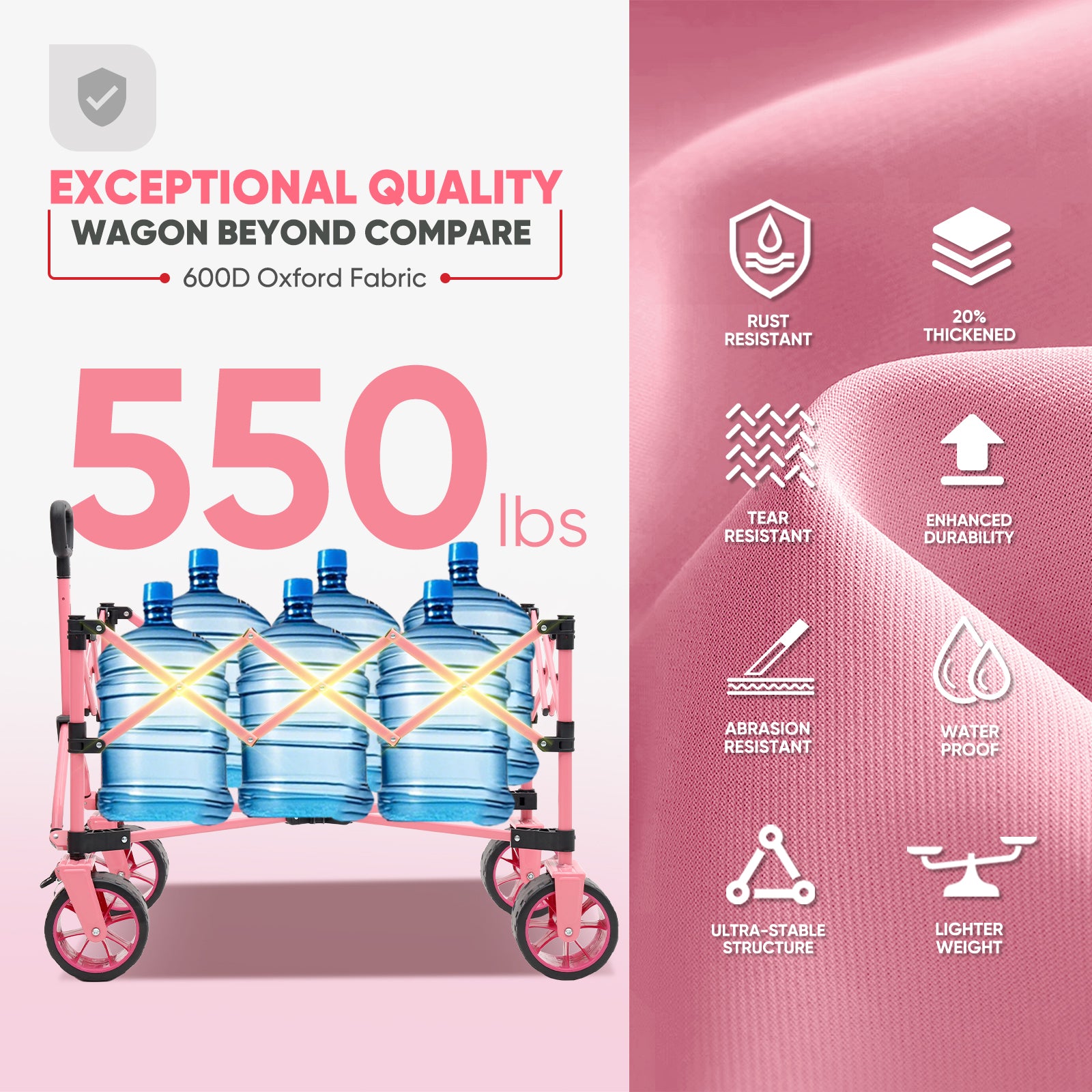 Pink folding wagon loaded with water jugs, highlighting a 550 lb capacity and durable 600D Oxford fabric with water, tear and abrasion resistance.