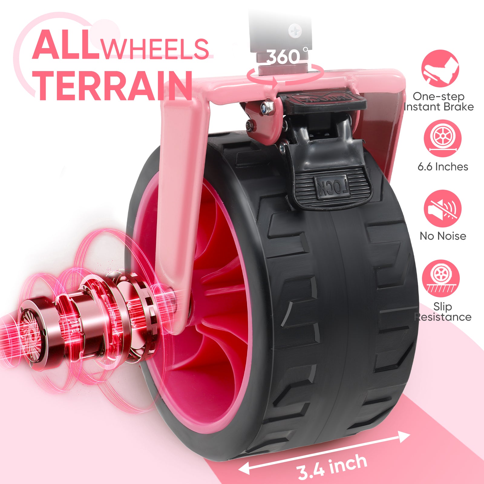 Close-up of a 6.6-inch pink all-terrain wagon wheel with a 3.4-inch-wide tread, 360-degree rotation, one-step brake and slip-resistant design.