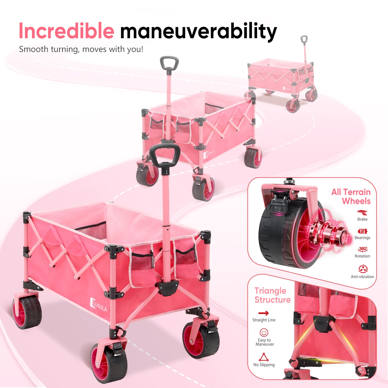 Pink folding wagon maneuvering along a curved path, featuring all-terrain wheels with brakes, bearings and 360-degree rotation, plus a stable triangular front frame.
