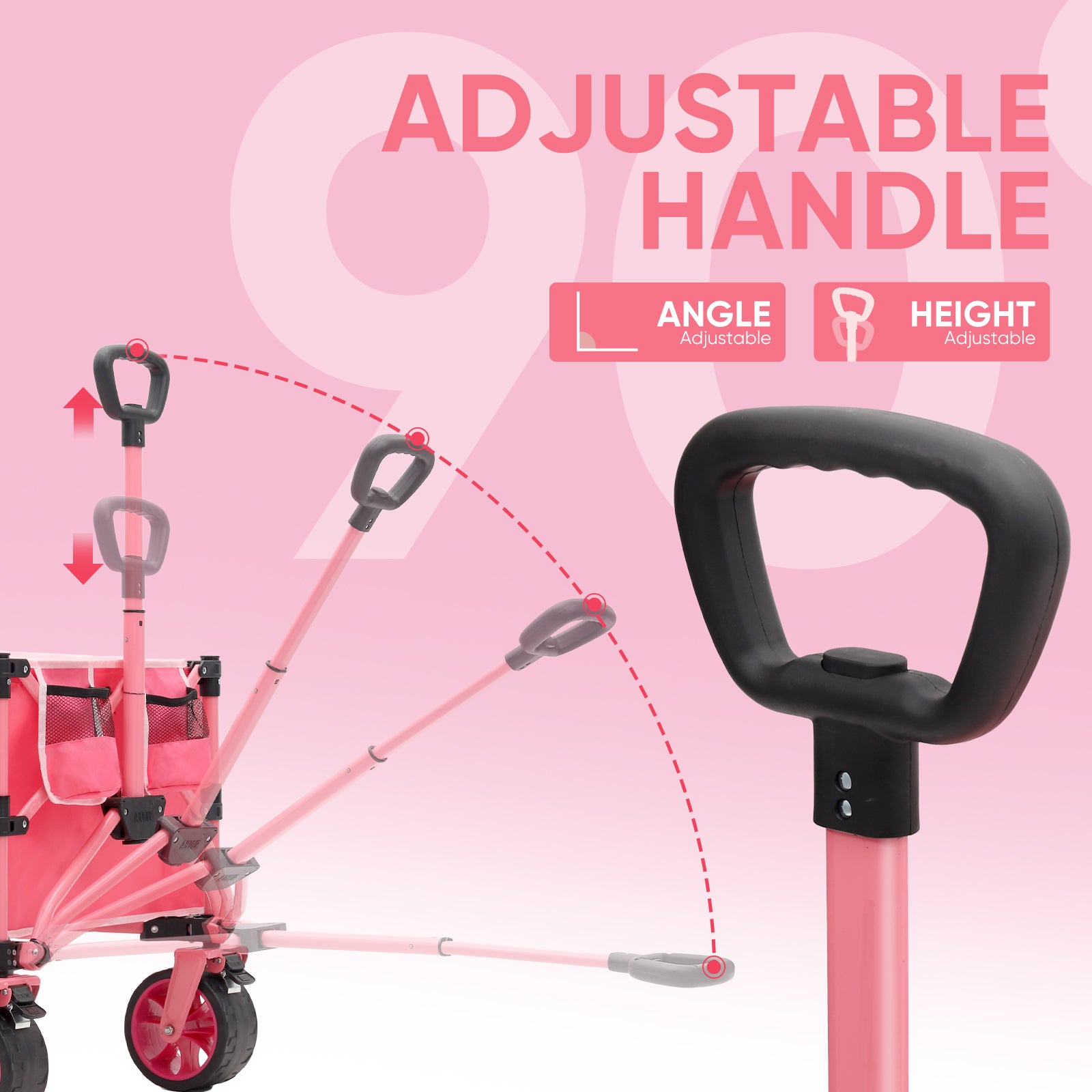 Pink folding wagon with an ergonomic pull handle adjustable in both height and angle for comfortable maneuvering.