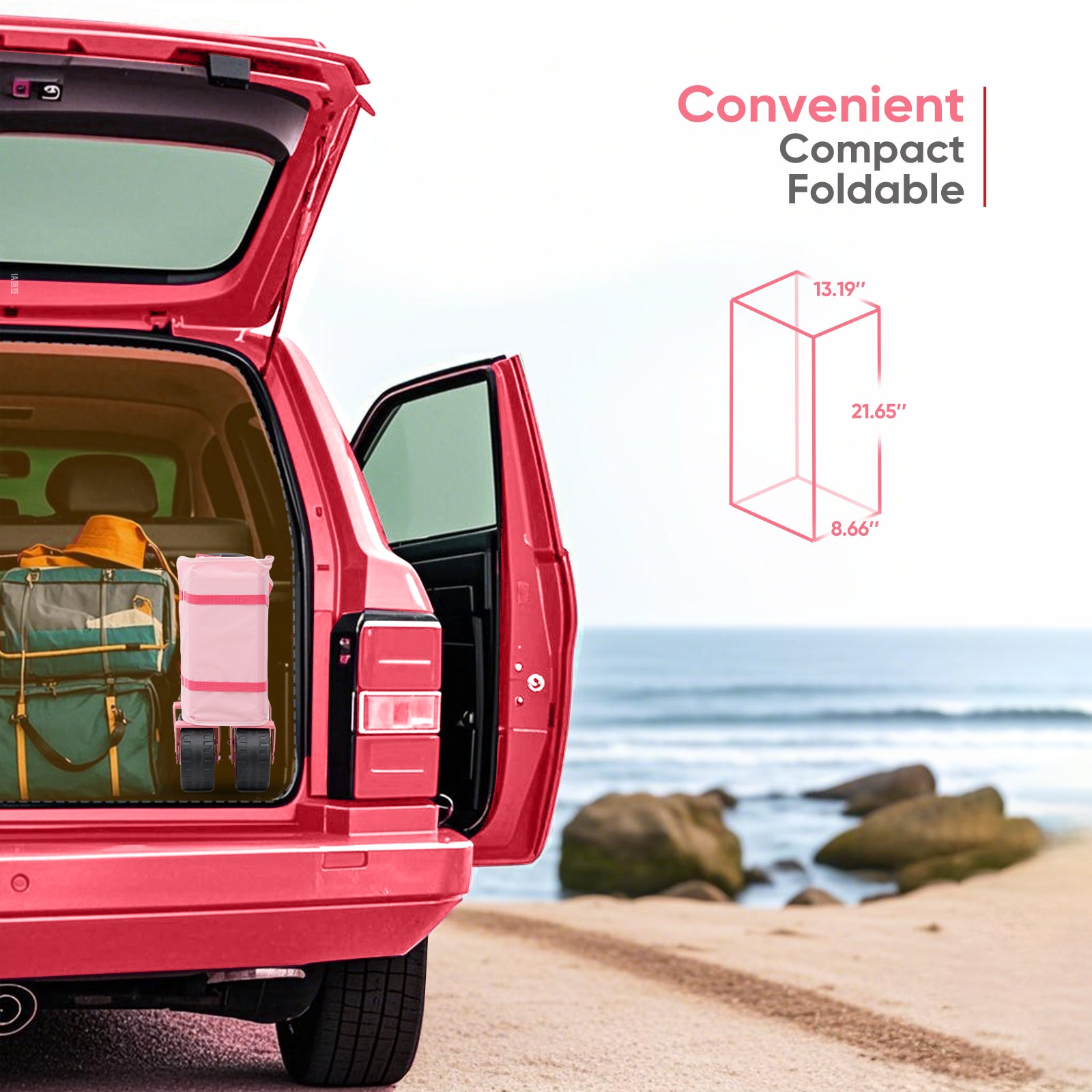 Compact folded pink wagon stored in an SUV trunk beside a travel bag, measuring 13.19 by 21.65 by 8.66 inches.