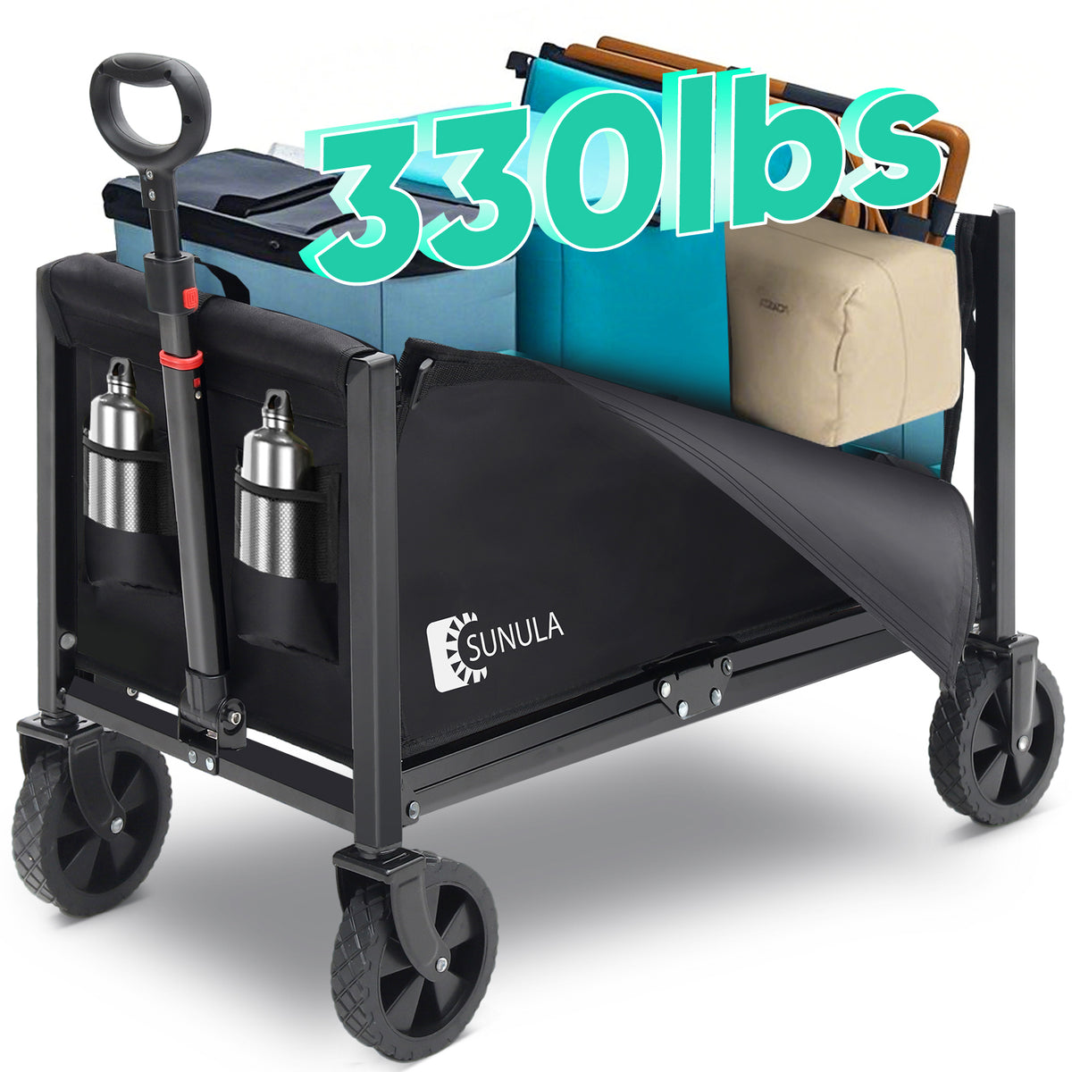 Sekey 330lbs Collapsible Wagon Cart 3 in 1 Foldable Wagon with Wheels, 2 Cup Holder, Folding Lightweight Utility Cart for Grocery, Camping, Shopping, Garden, Beach, Pet Riding. Balck 1 Year Warranty