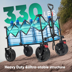 Sekey folding wagon carrying water jugs on a sandy slope, highlighting 330 lb load capacity and heavy-duty ultra-stable structure.